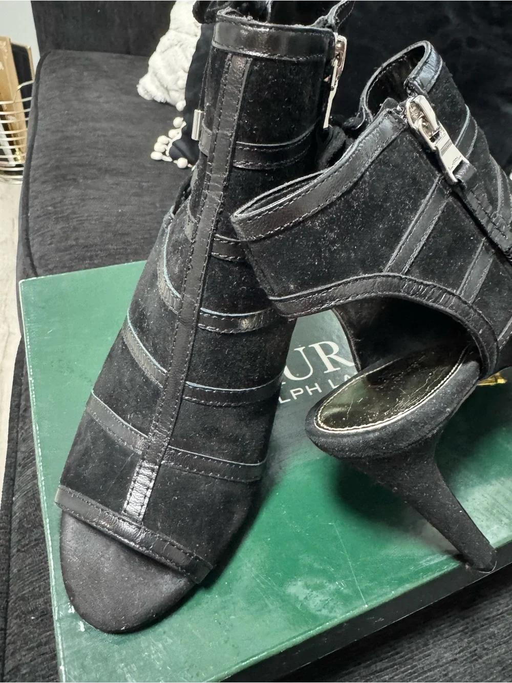 Lauren Ralph Lauren Black Suede Peep-Toe Lace-Back Booties